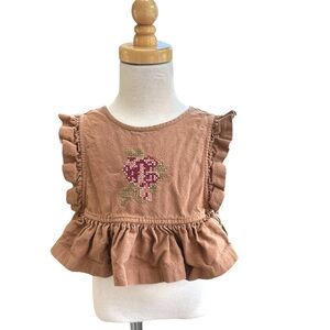 Bebe Organic pinafore brown tie sides cross stitch flower. Size‎ 24m